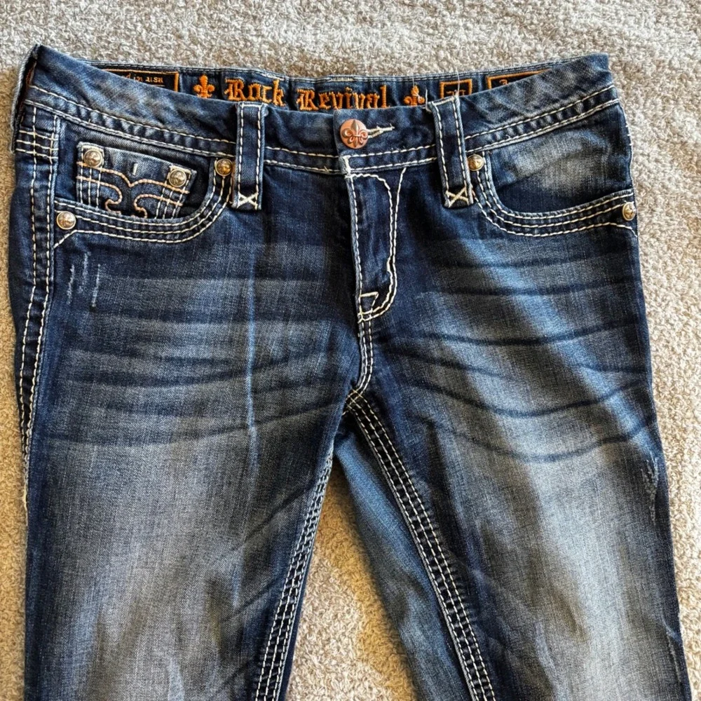 Rock Revival Jessica Skinny Jeans Dark Wash Flap Pocket Sz 29 Faded Whisker Y2k